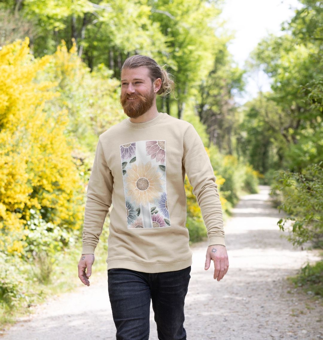 Unisex sunflower banner motif sweatshirt.