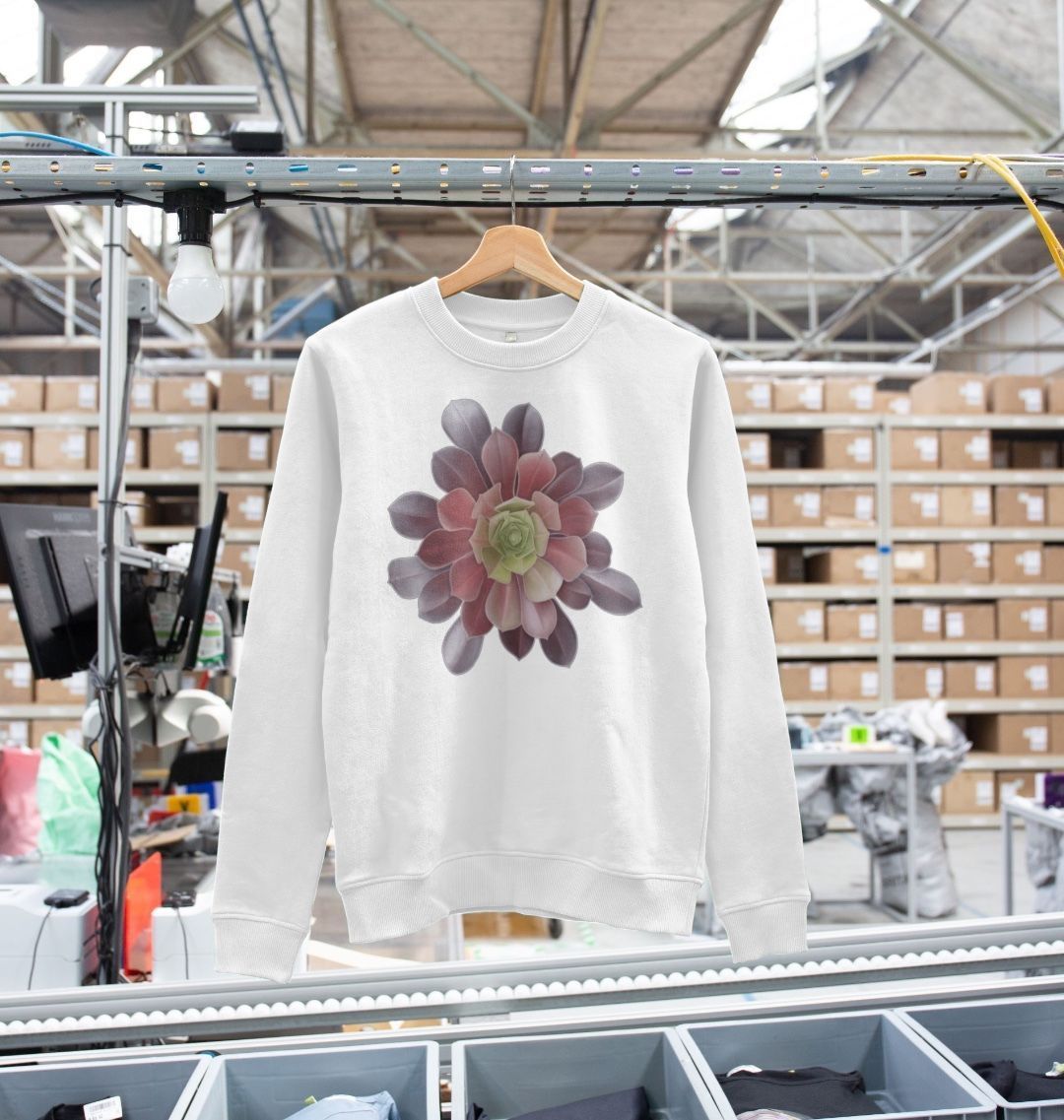 Women’s green to purple ombré succulent crewneck sweatshirt.