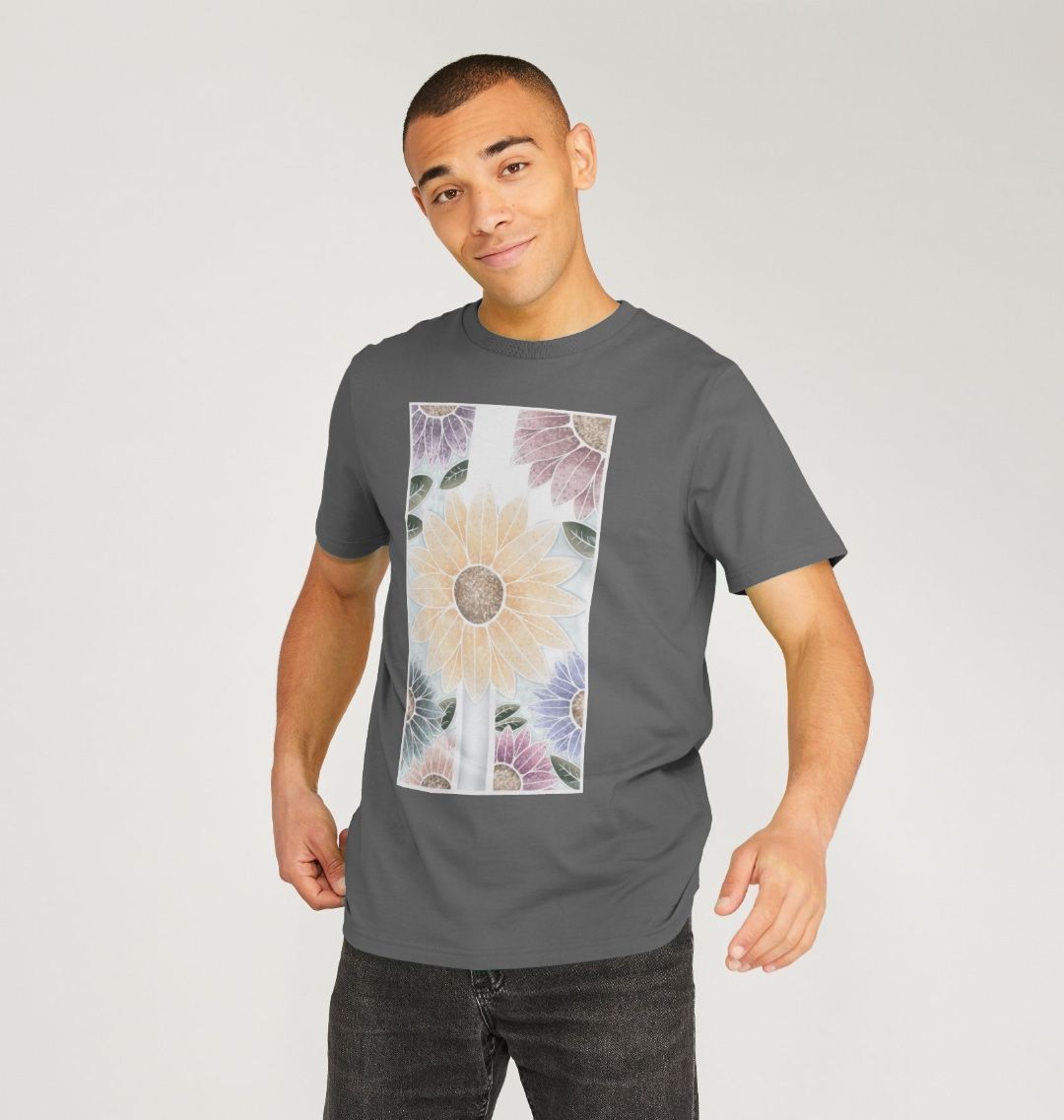 Unisex sunflower banner motif t-shirt.