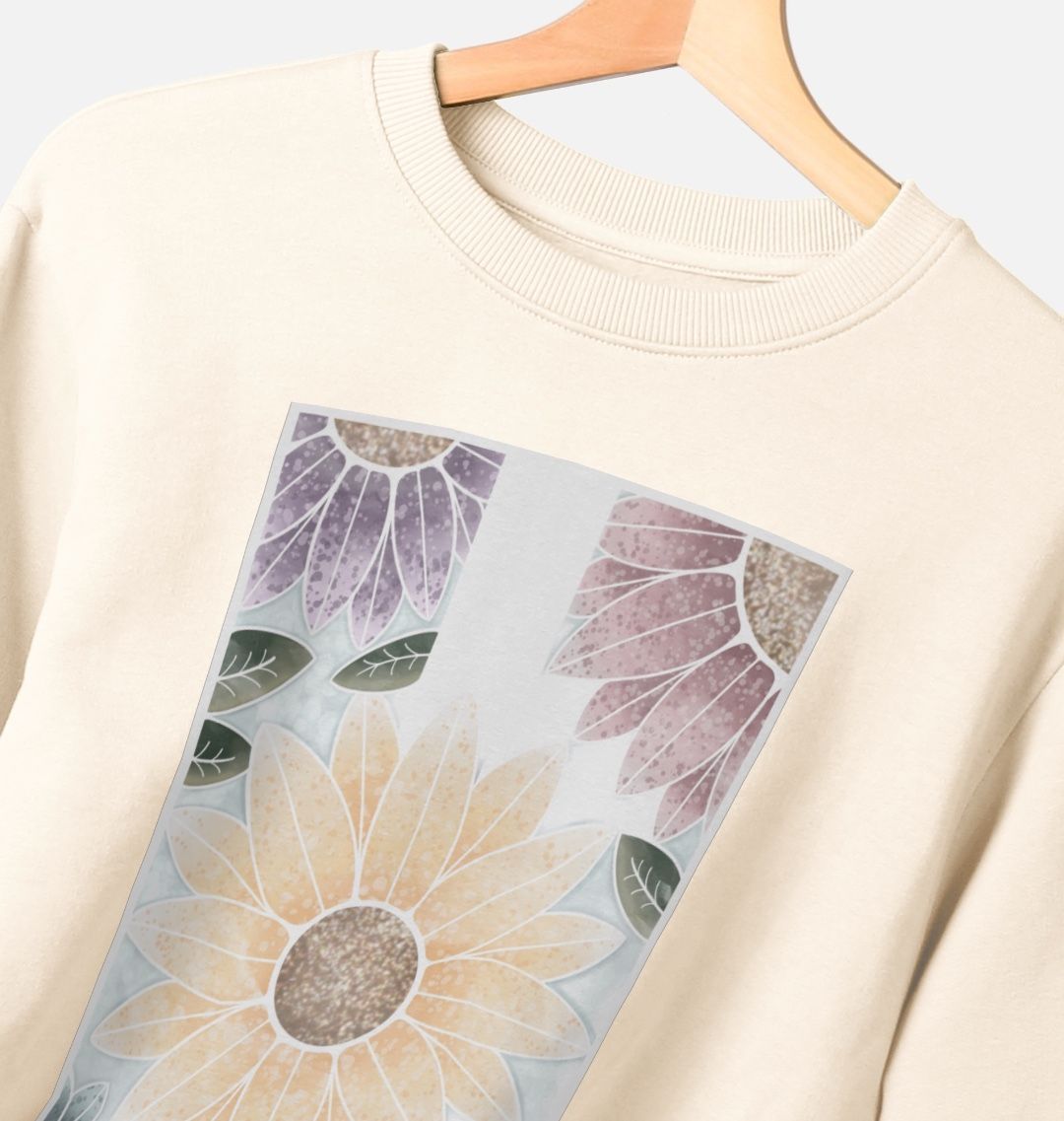 Unisex sunflower banner motif sweatshirt.