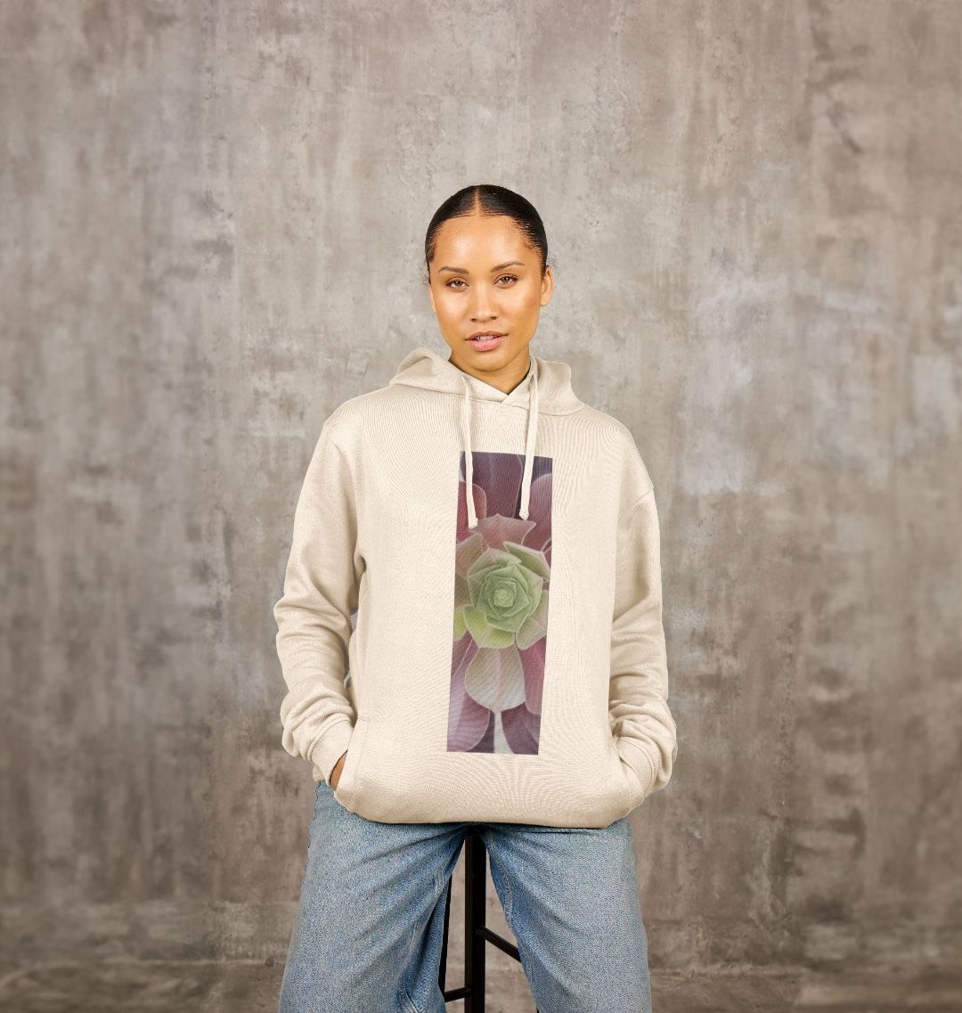 Unisex green to purple ombré succulent banner hoodie.