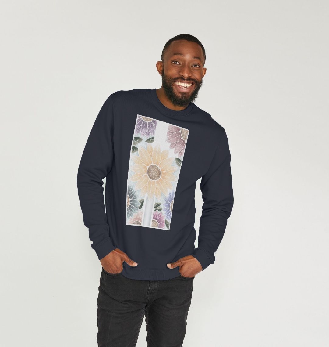 Unisex sunflower banner motif sweatshirt.