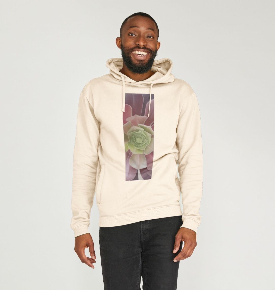 Unisex green to purple ombré succulent banner hoodie.