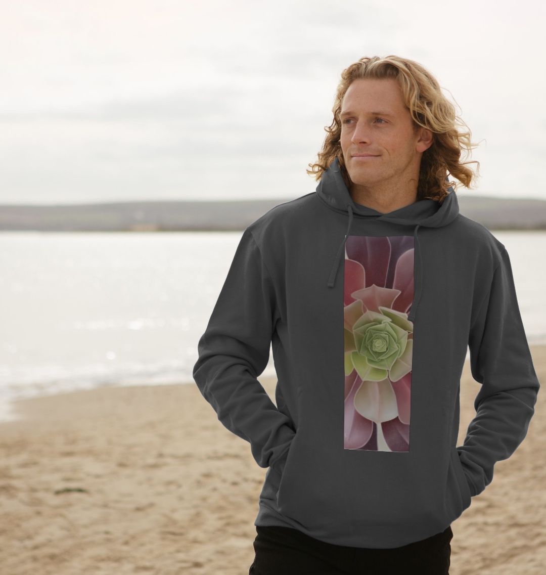 Unisex green to purple ombré succulent banner hoodie.