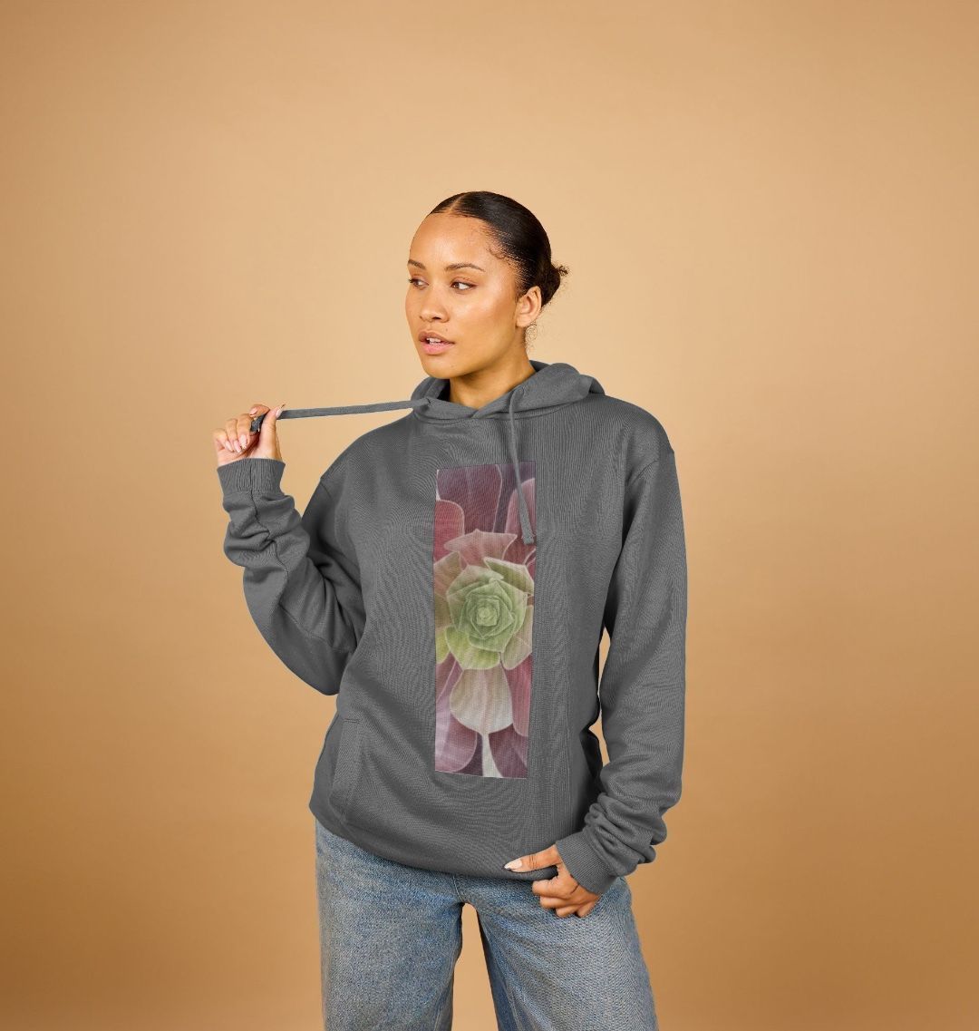 Unisex green to purple ombré succulent banner hoodie.