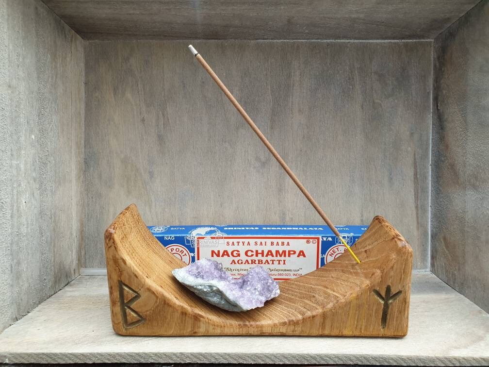 Reclaimed wood and Rune symbol incense holder.
