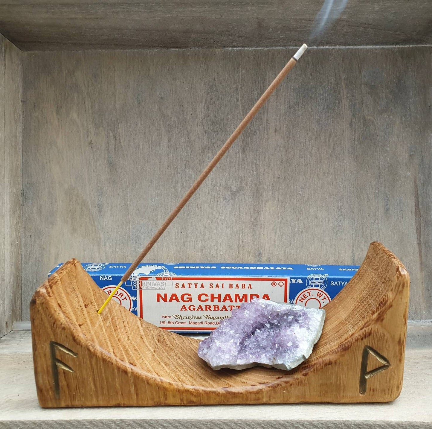 Reclaimed wood and Rune symbol incense holder.