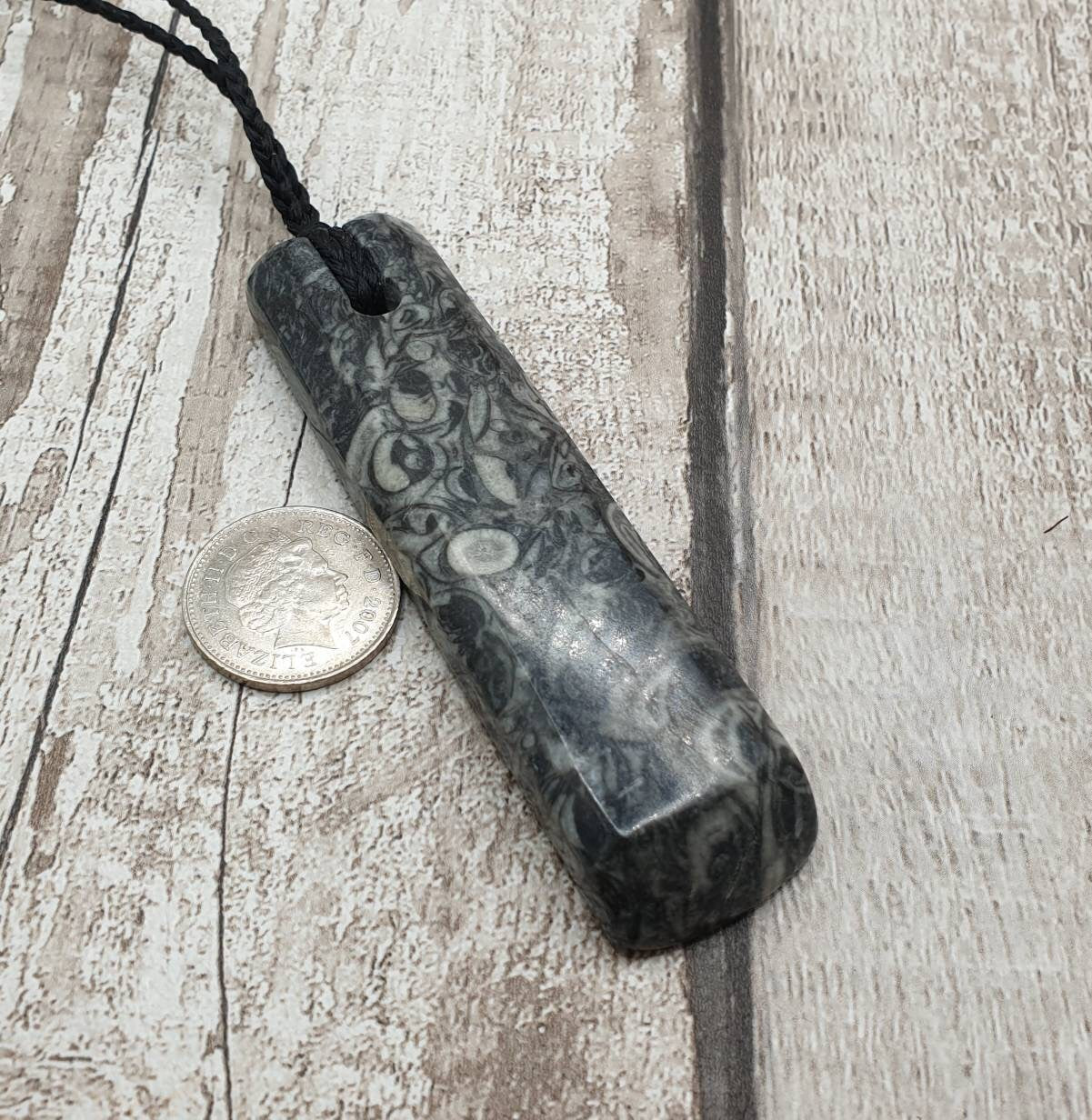 Orthoseras and goniatite fossil bed rock unisex toki pendant.