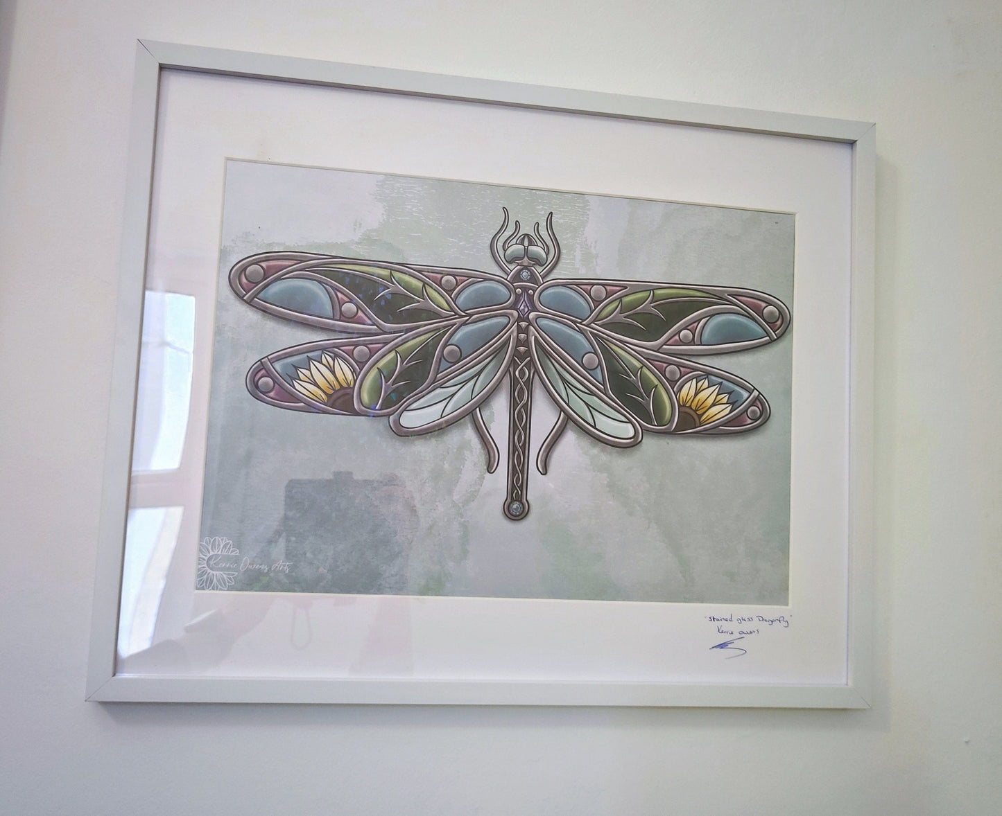 Stained glass dragonfly, printed, digital illustration.