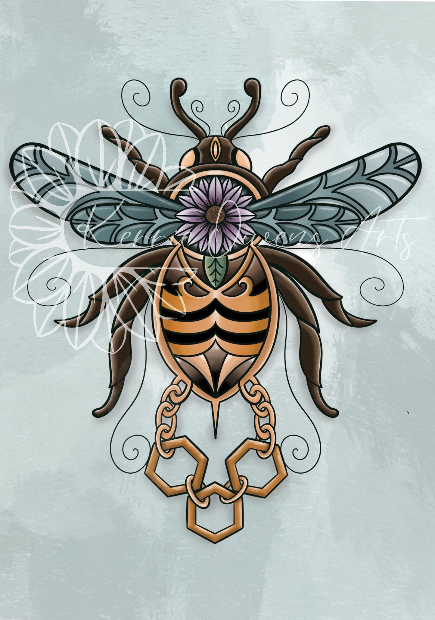 Two pack bundle stained glass dragonfly and bumblebee, poster prints.