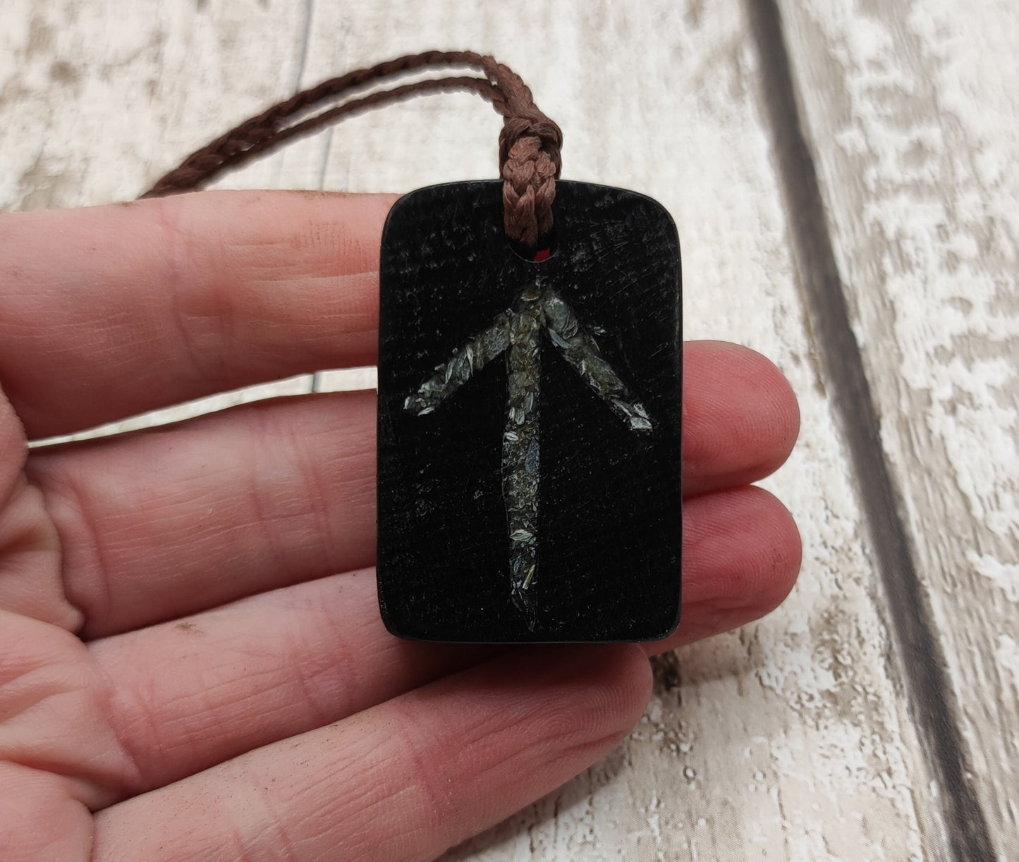 Fenland bog oak pendant, tiwaz rune with NZ Jade.
