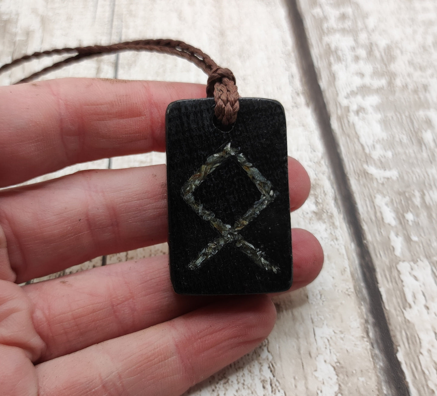 Fenland bog oak pendant, othala rune with NZ Jade.