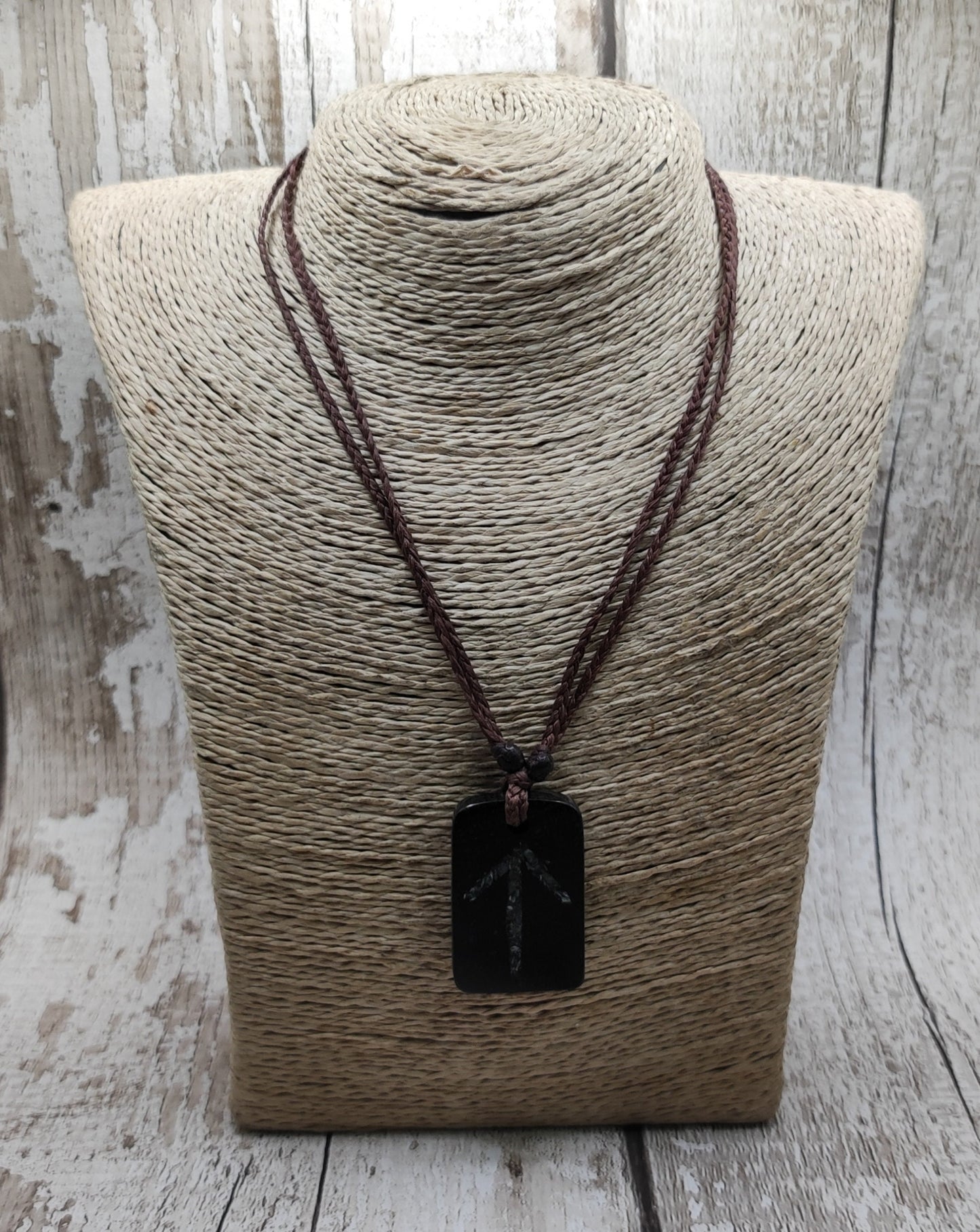 Fenland bog oak pendant, tiwaz rune with NZ Jade.