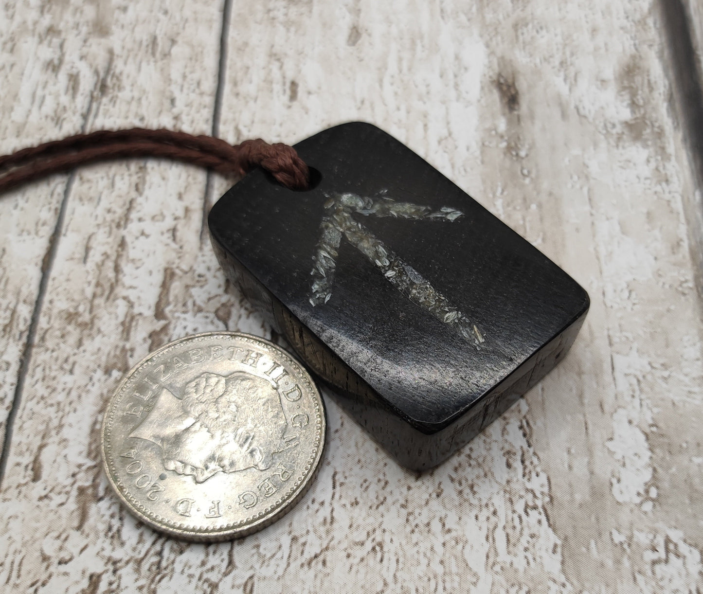 Fenland bog oak pendant, tiwaz rune with NZ Jade.