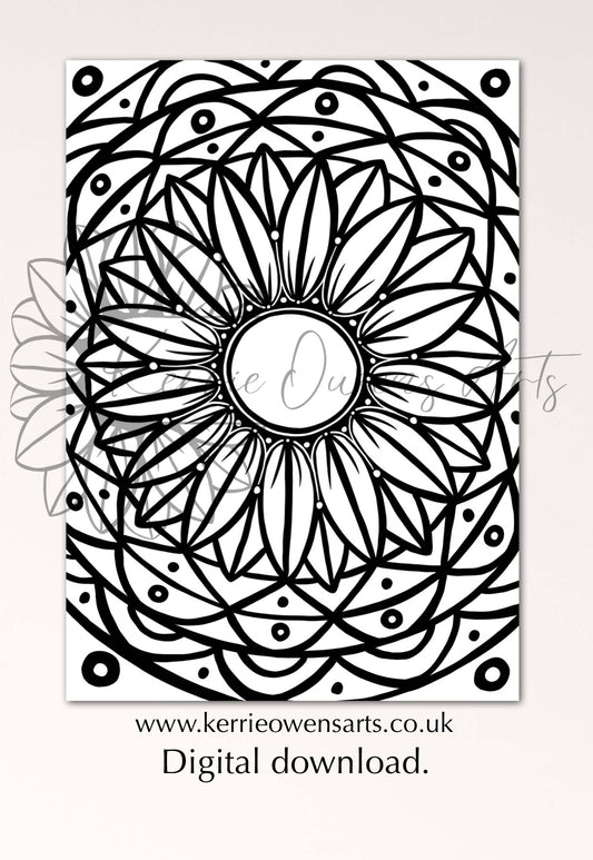 Geometric sunflower, colouring in page, digital download.