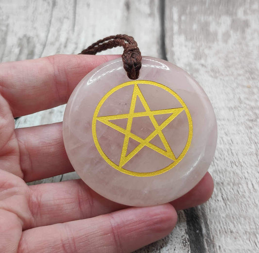 Rose quartz pentagram statement disc pendant.