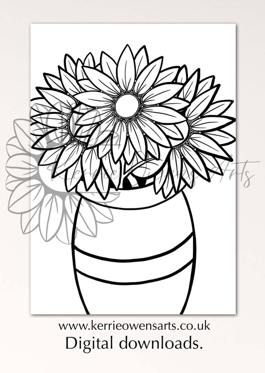 Vase of sunflowers colouring book page, digital download.