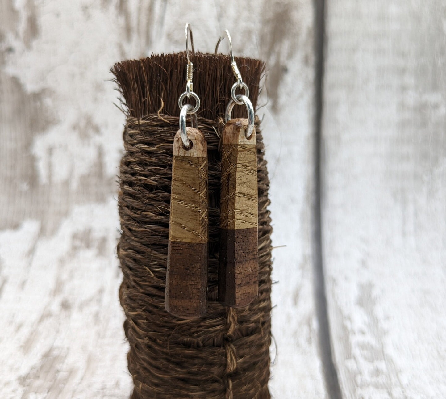 Mixed wood roimata teardrop earrings.