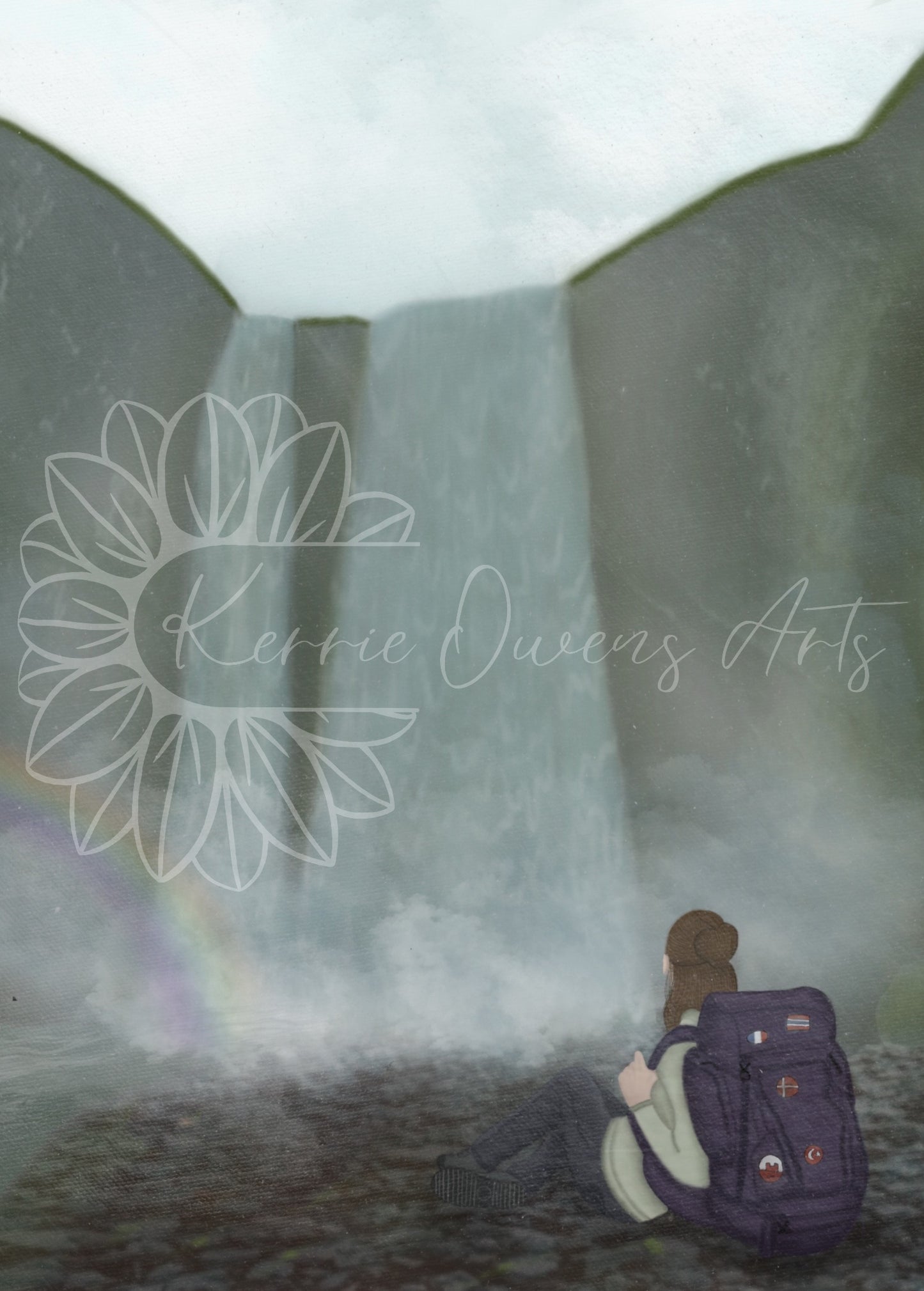 Self reflection at Skogafoss, illustration. Artwork, digital download.