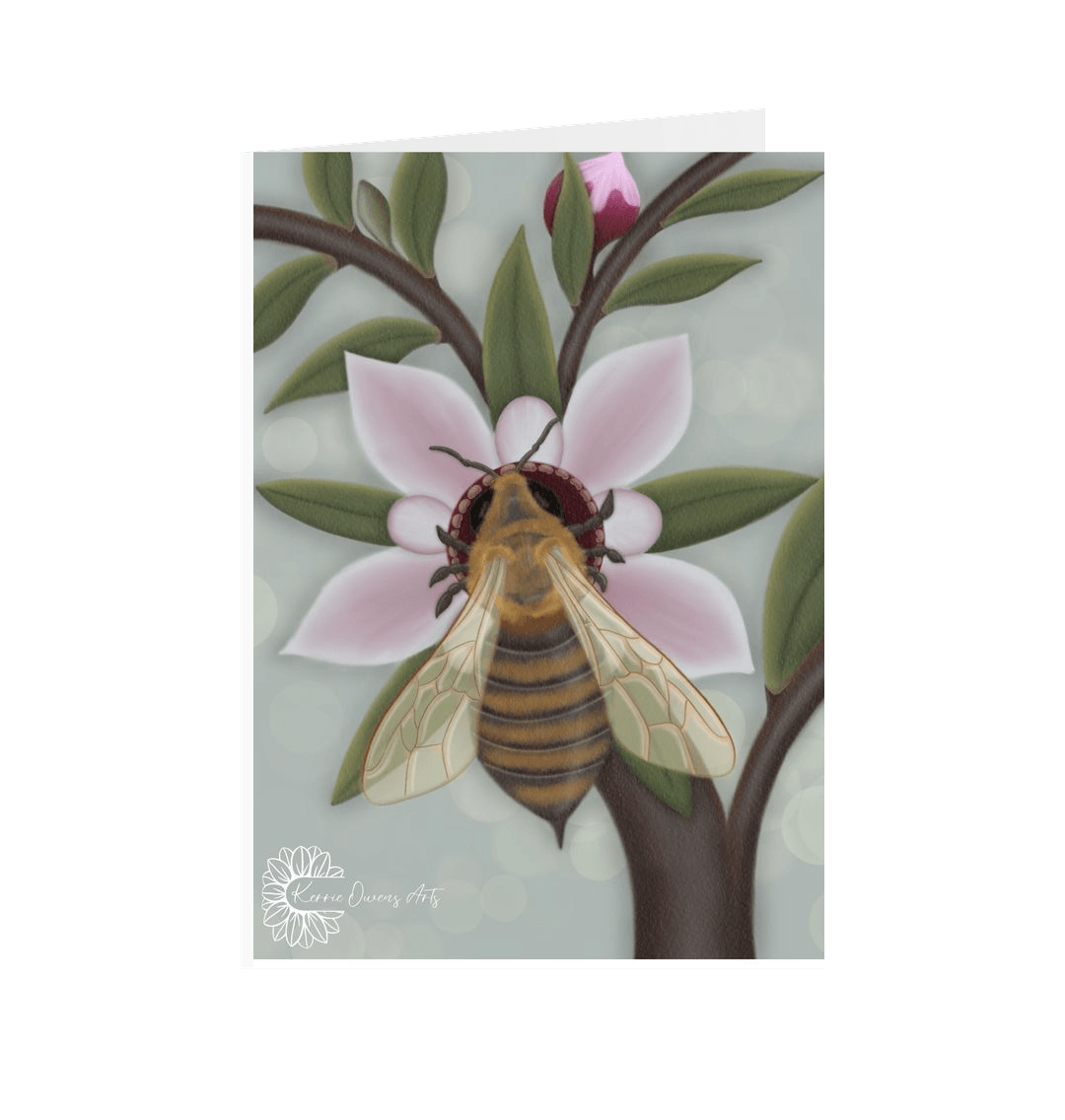 White Honey bee on manuka honey greetings cards.
