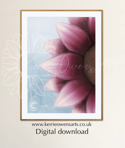 Pink magnolia sunflower illustration, digital download.