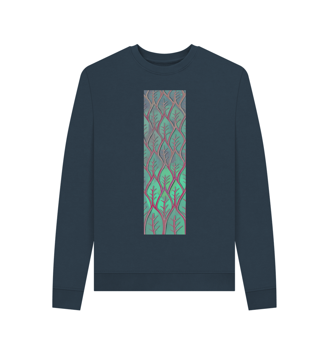 Navy Blue Women\u2019s cosmic leaves crewneck sweatshirt.