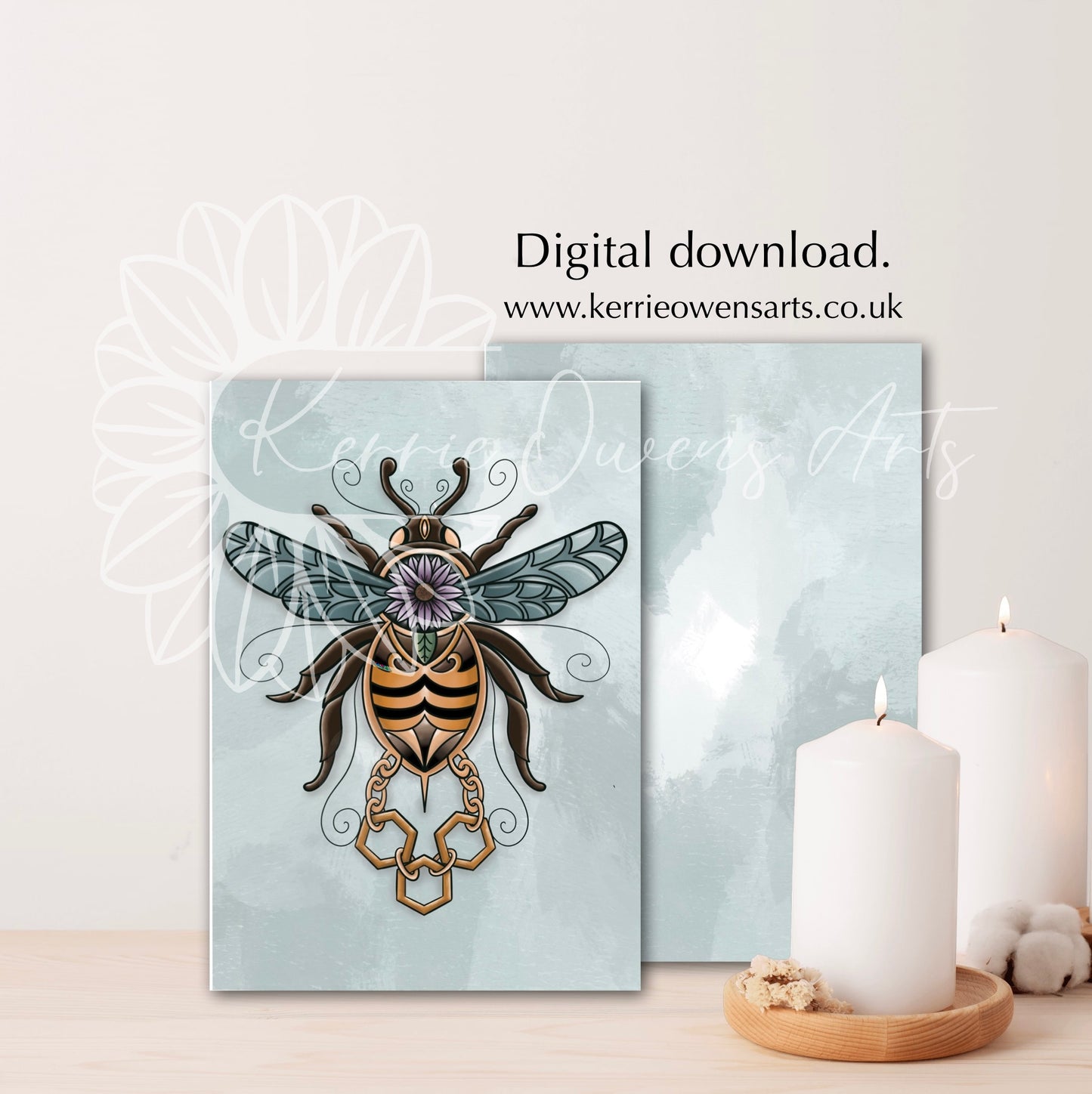 Floral bumble bee floral tattoo pack, digital print, wall art.