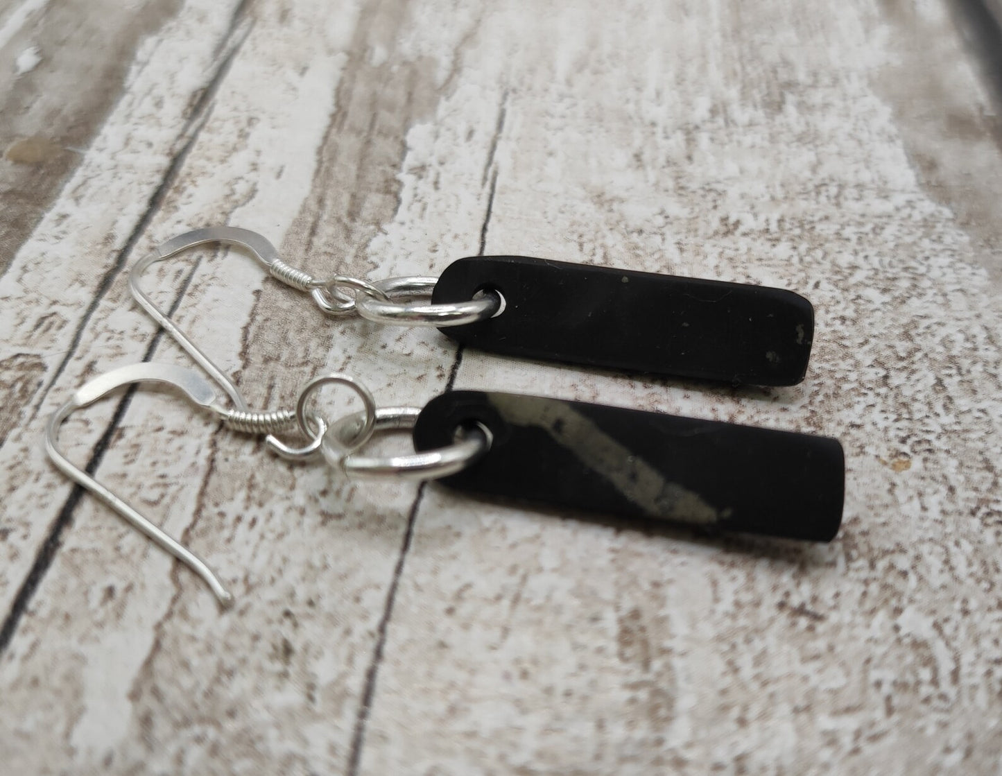 Shungite stone, Toki styled, fish hook earrings.