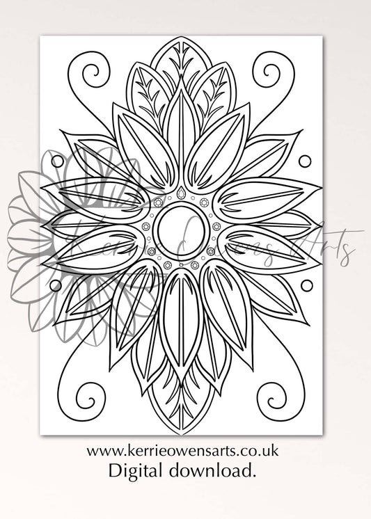 Jewel encrusted sunflower colouring in page, digital download.