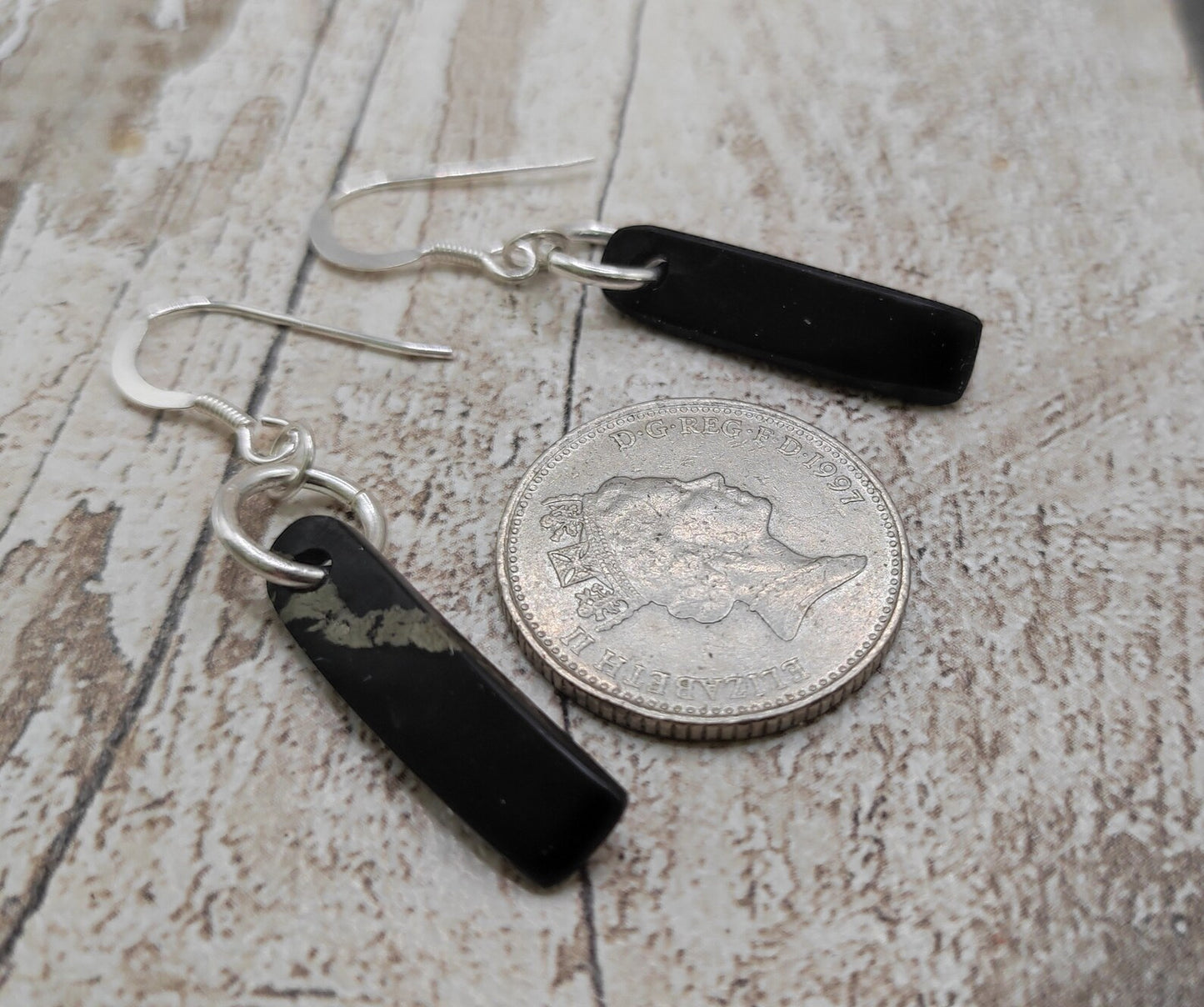 Shungite stone, Toki styled, fish hook earrings.