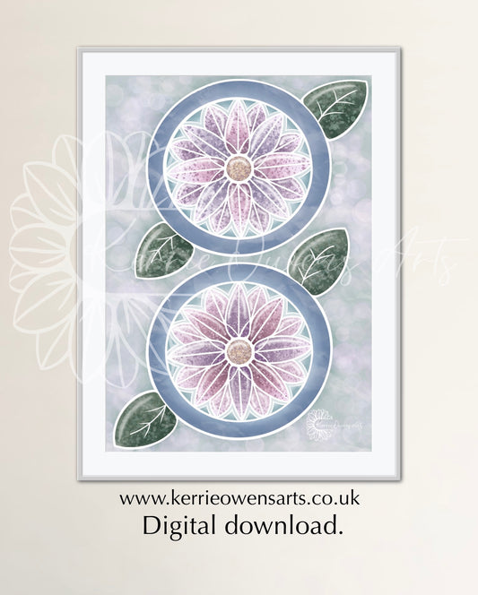 Twin sister art deco flower Illustration, digital download.