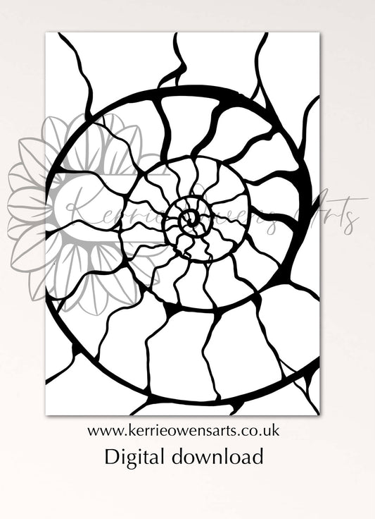 Ammonite fossil colouring in page, digital download.