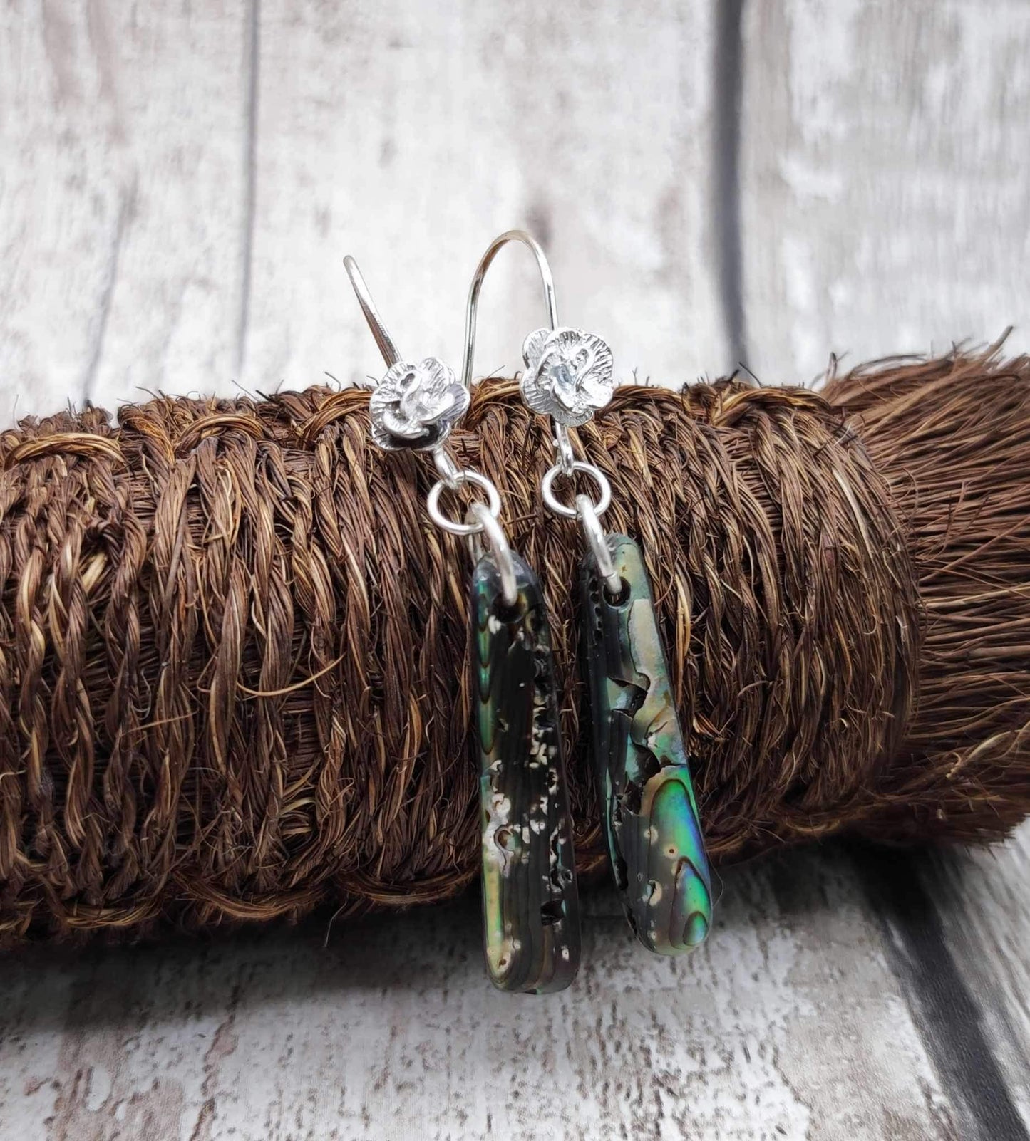 New Zealand rainbow Pāua abalone roimata earrings.