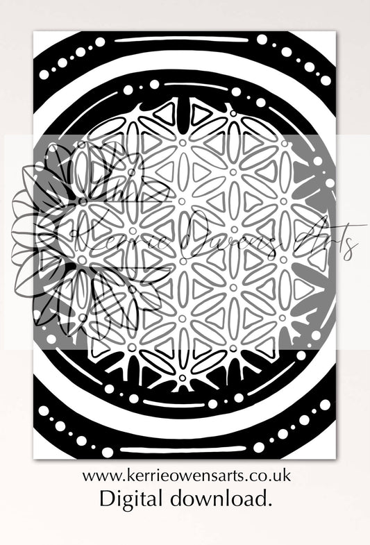 Flower of life colouring book page, digital download.