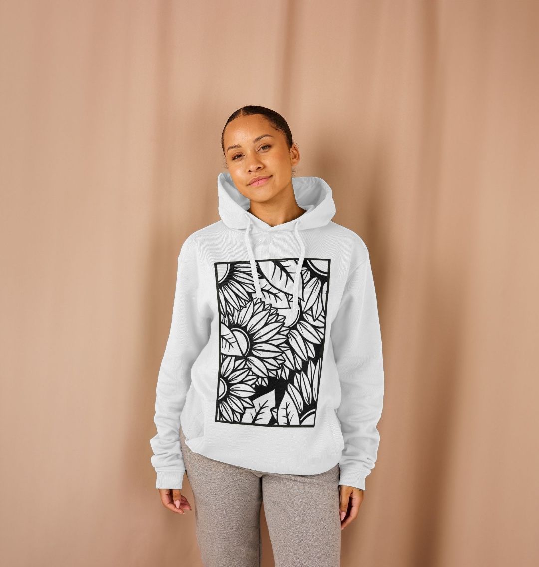 Black lined sunflower illustration, hoodie.