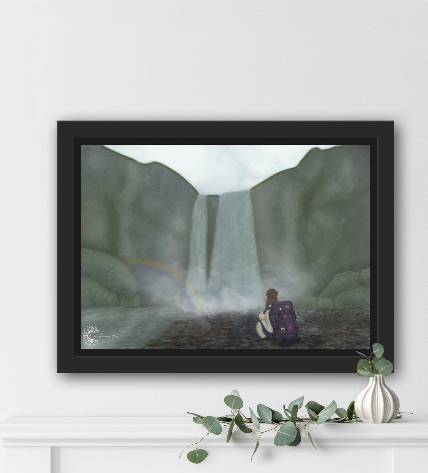 Self reflection at Skogafoss, illustration. Artwork, digital download.