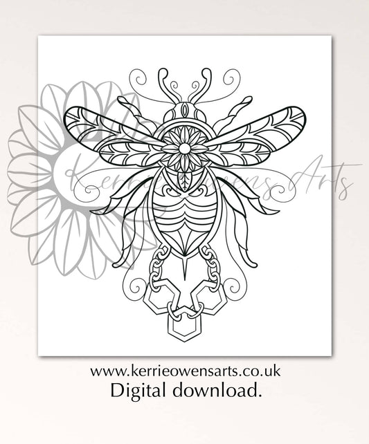 The gilded bumblebee colouring book page, digital download.