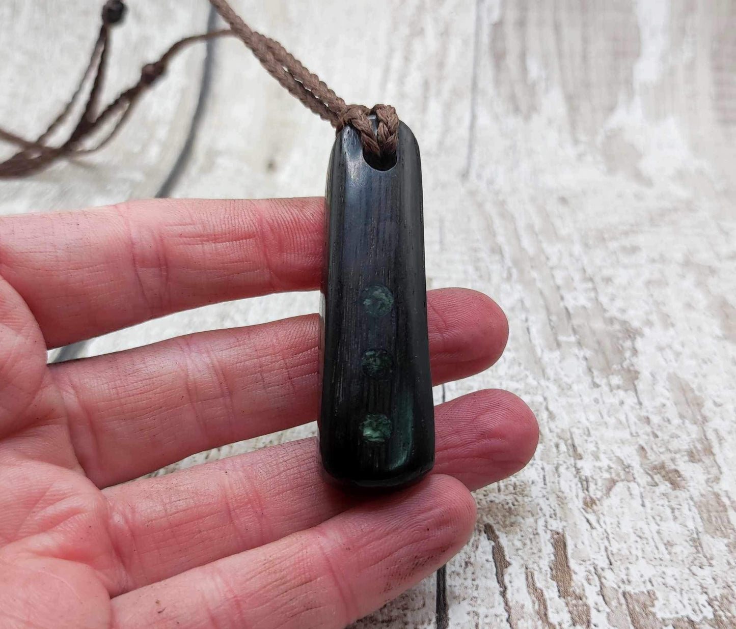 Bog oak with nz Pounamu serpentine, roimata pendant.