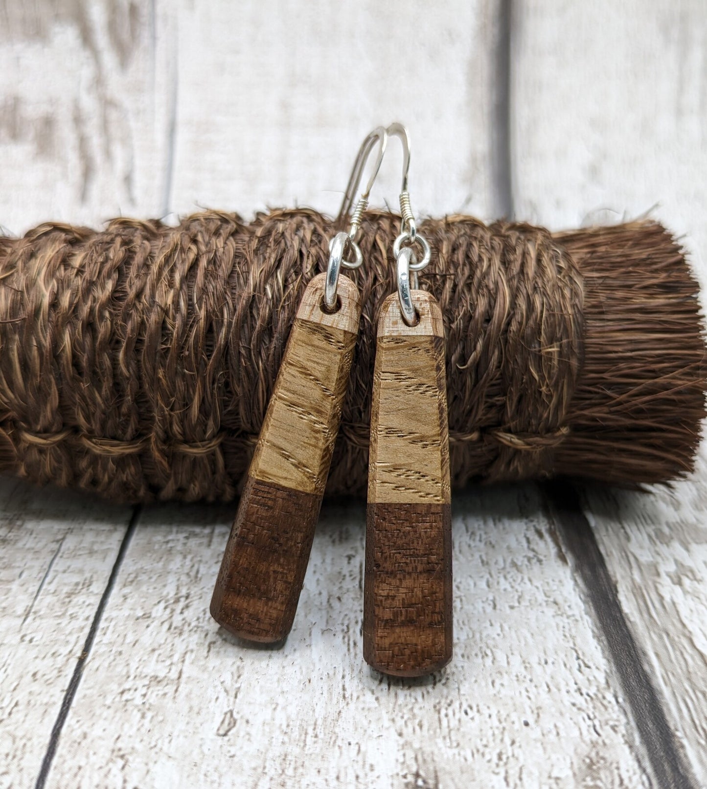Mixed wood roimata teardrop earrings.
