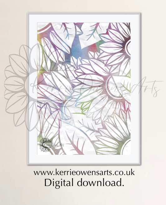 Spray paint pastel coloured sunflowers, mixed media, digital download.