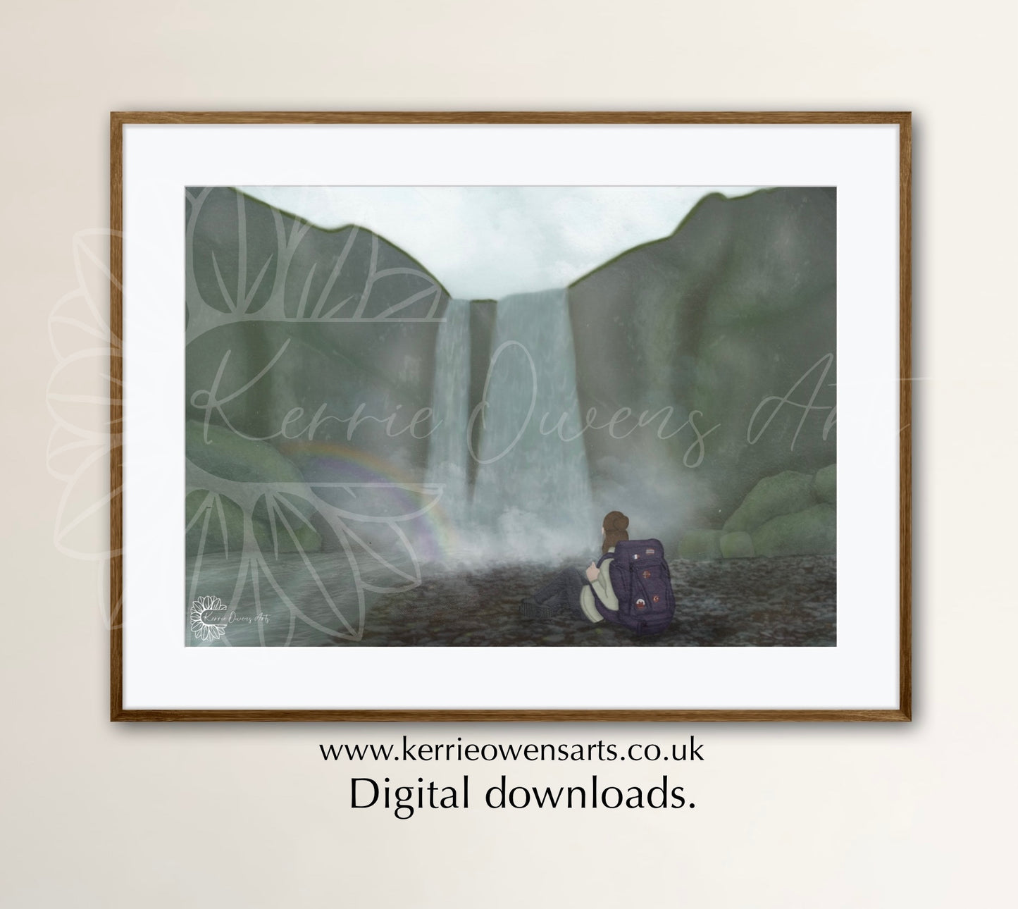 Self reflection at Skogafoss, illustration. Artwork, digital download.