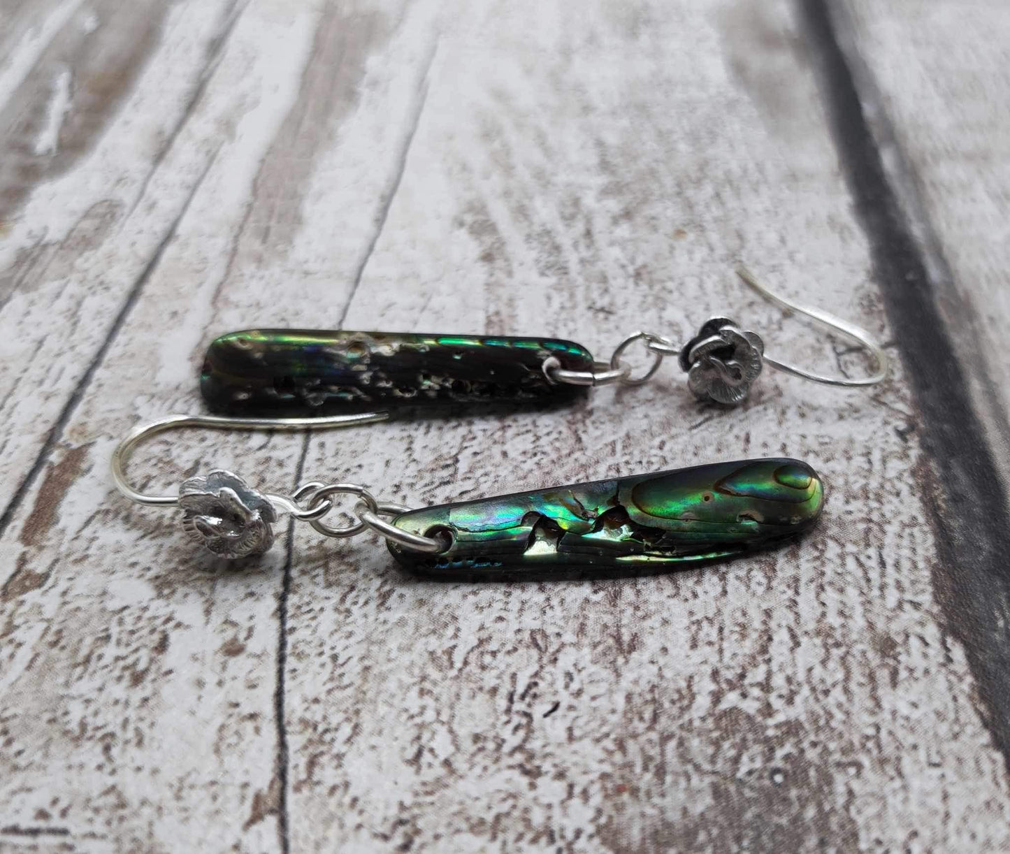 New Zealand rainbow Pāua abalone roimata earrings.