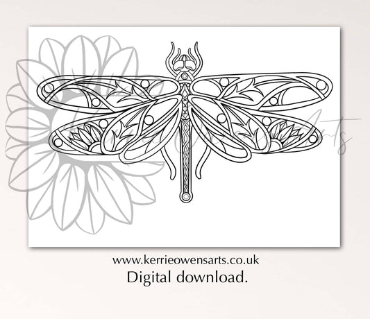 The gilded dragonfly colouring in page, digital download.