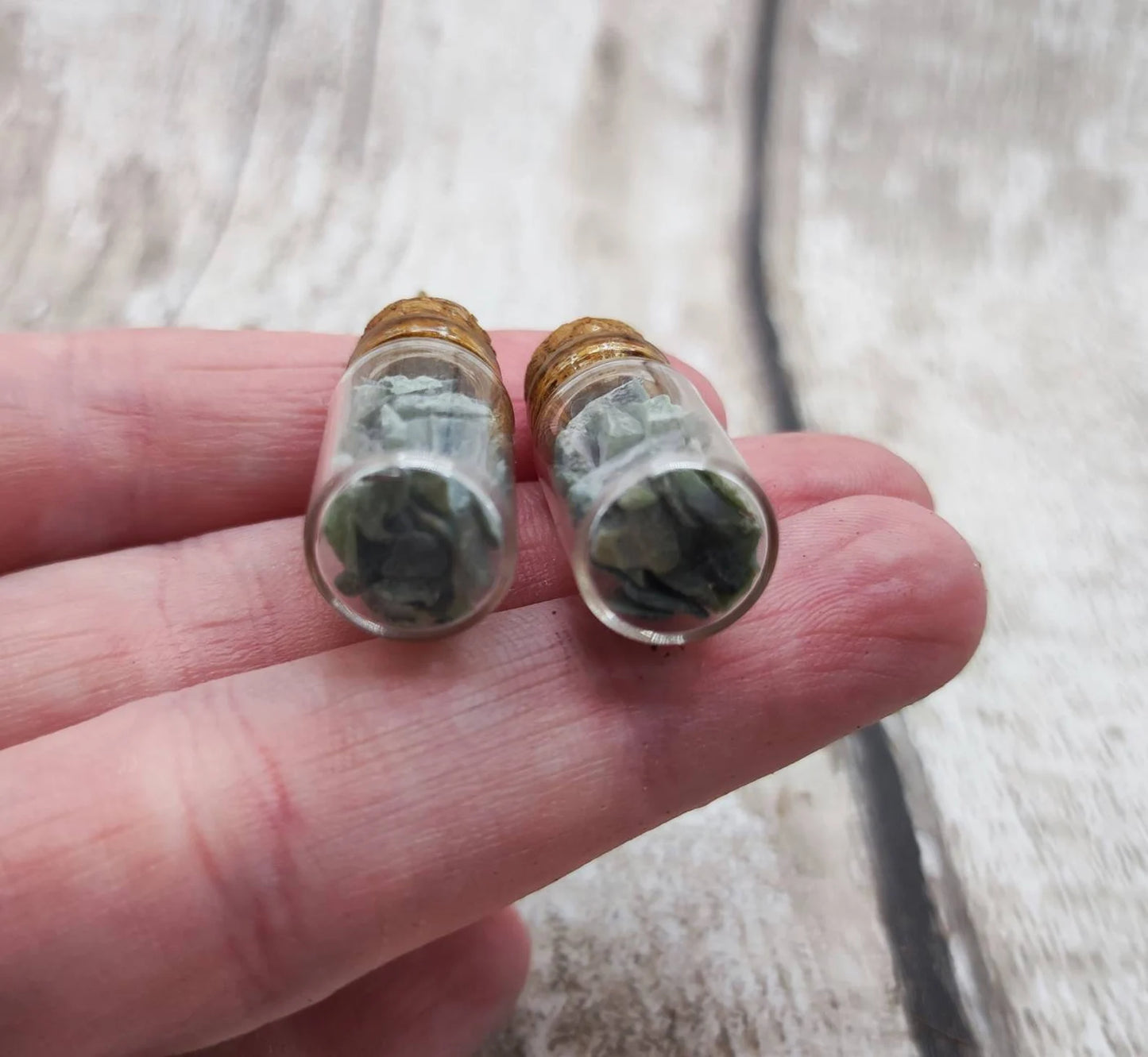 Mixed New Zealand Pounamu Greenstone chips in a bottle earrings.