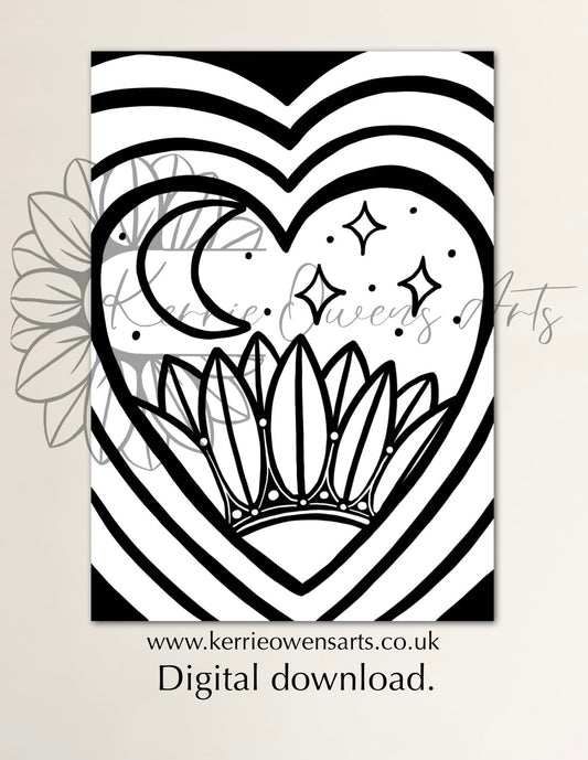 Night time sunflower colouring in page, digital download.