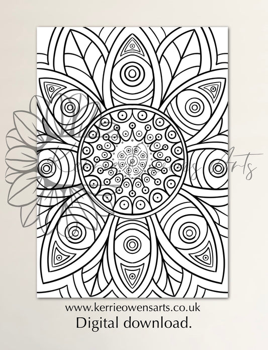 Mandala flower petal pattern colouring in page digital download.