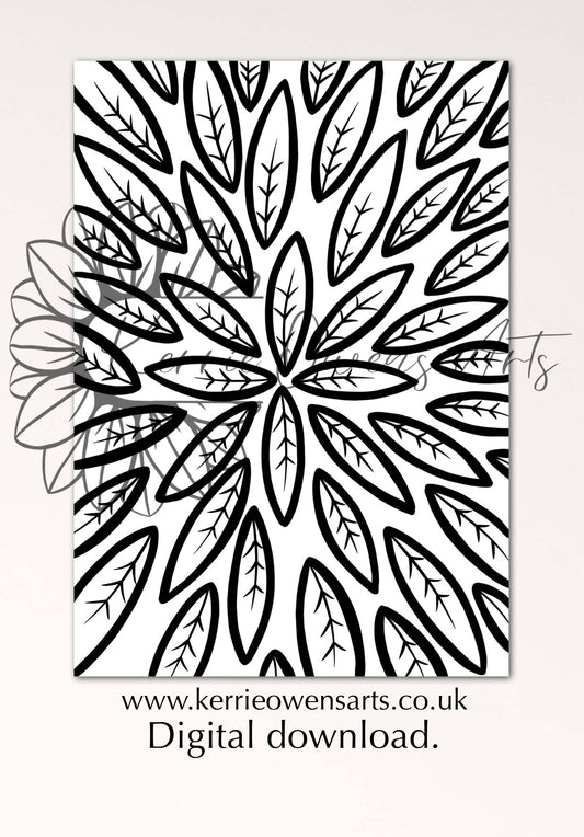 Page of leaves, colouring book page, digital download.