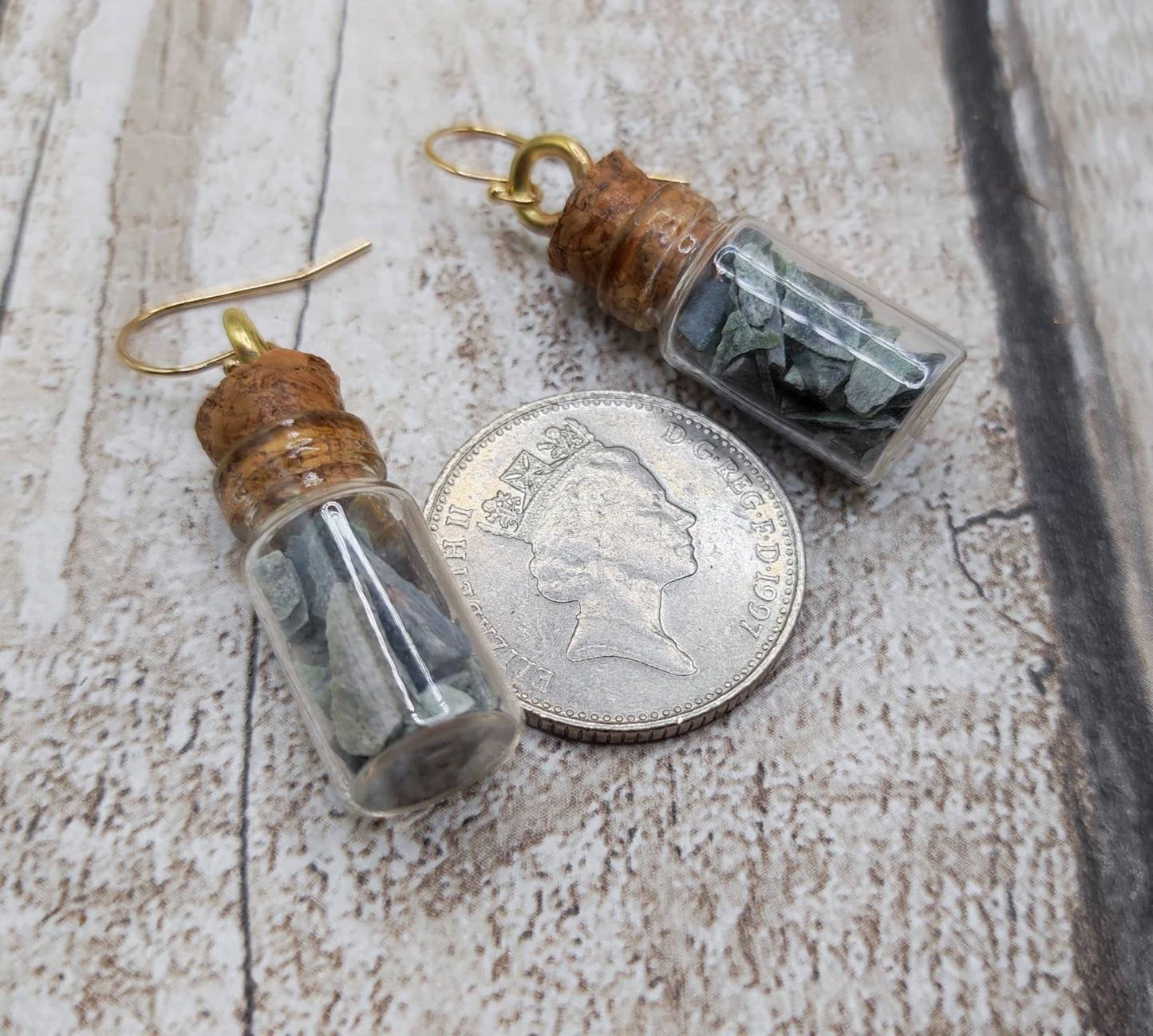 Mixed New Zealand Pounamu Greenstone chips in a bottle earrings.