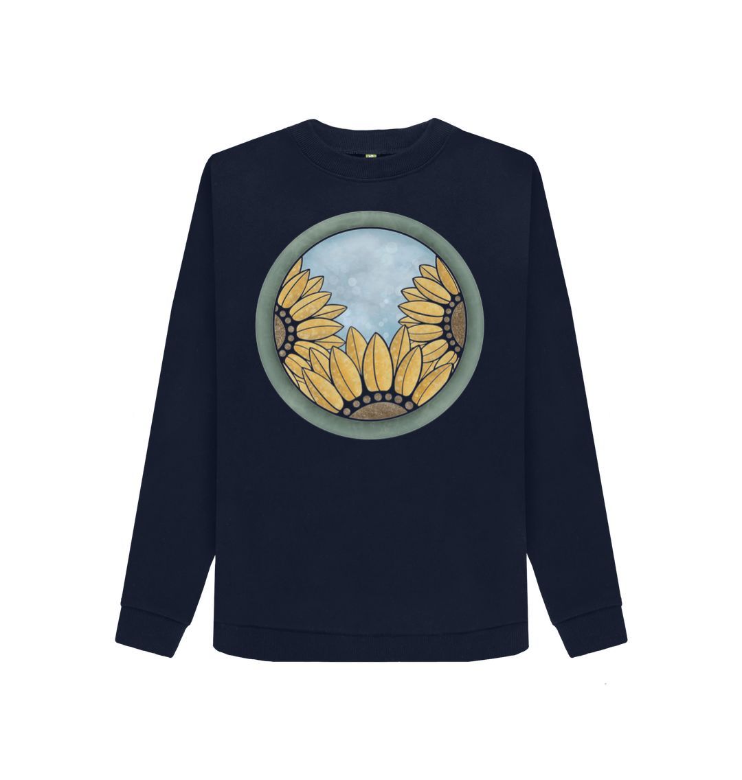 Navy Blue Ladies triple sunflower sweatshirt.