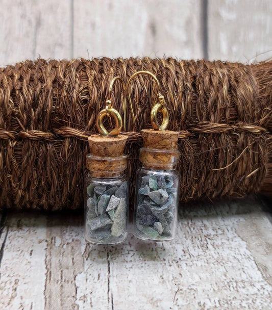 Mixed New Zealand Pounamu Greenstone chips in a bottle earrings.